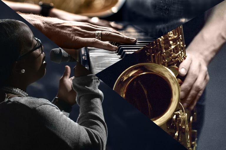 Montage von Sängerin, Klavierspieler, Saxophonist.
