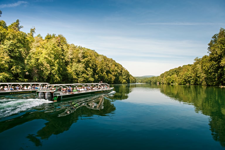 Ausflugsschiffe auf breitem Fluss mit Bäumen an beiden Ufern.