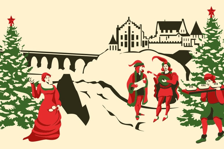 Szenische Winterlandschaft mit mittelalterlichen Figuren und Burg.