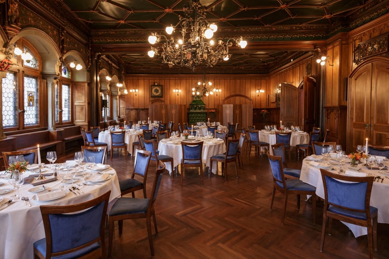 Elegantes Restaurant mit gedeckten Tischen und Kronleuchtern.