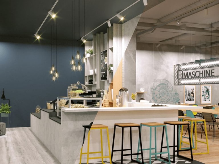 Modernes Café mit beleuchtetem M-Logo und Sitzbereich.