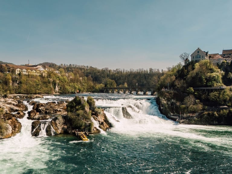 Rheinfall mit Schloss und Bäumen im Hintergrund.