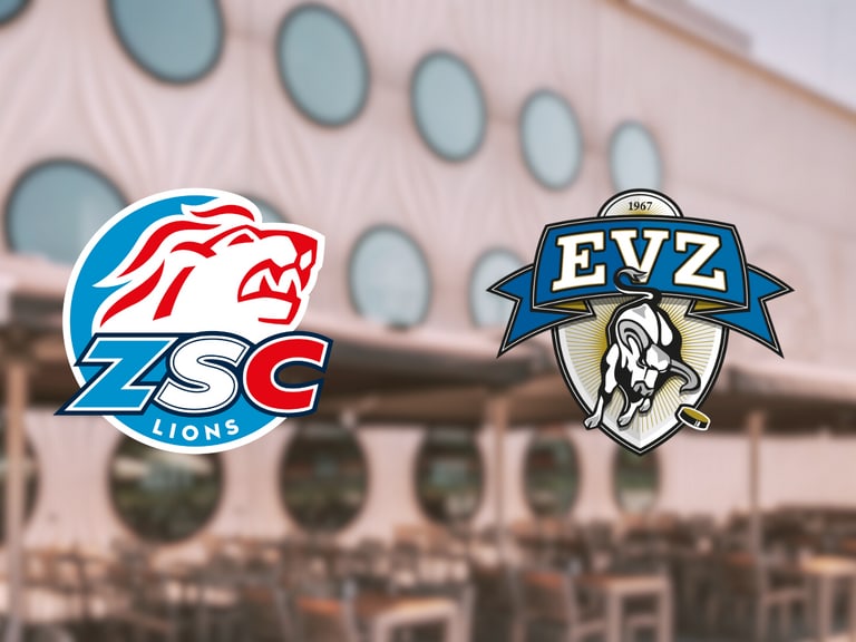 Logos von ZSC Lions und EVZ vor Gebäude mit runden Fenstern.