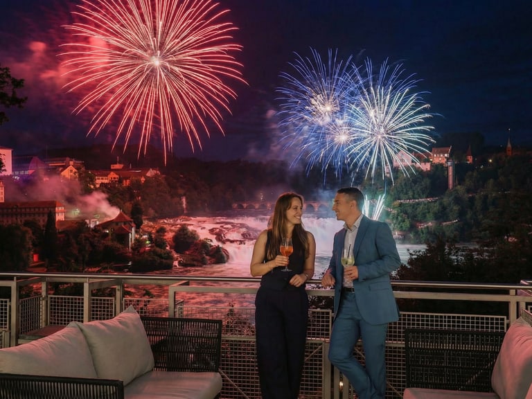 Paar auf Terrasse mit Feuerwerk bei Nacht, Rheinfall im Hintergrund.