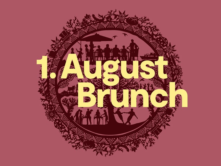 Grafik mit 1. August Brunch-Text, umgeben von Silhouetten und floralen Mustern.