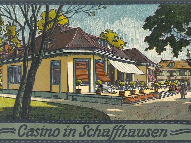 Illustration eines Casinos in Schaffhausen mit Bäumen im Hintergrund.