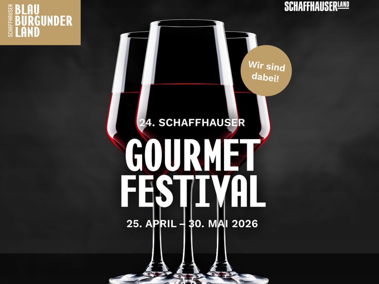 Werbung für Schaffhauser Gourmet Festival 2026 mit Weingläsern.