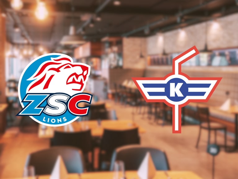 Restaurant mit ZSC Lions und KHL Club Logo im Vordergrund.