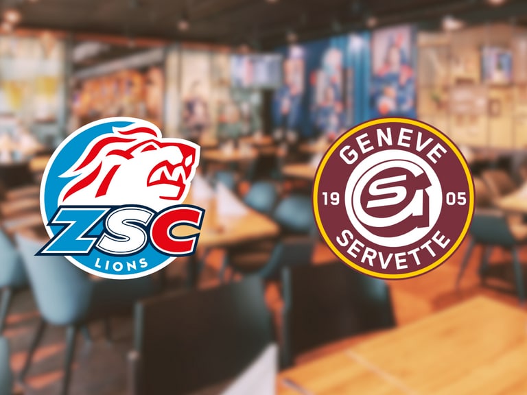 Logos von ZSC Lions und Genève-Servette über unscharfem Restaurantinterieur.