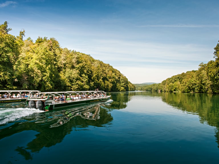 Ausflugsschiffe auf breitem Fluss mit Bäumen an beiden Ufern.