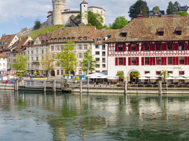 Häuser am Wasser in einer historischen Stadt mit Burg im Hintergrund.
