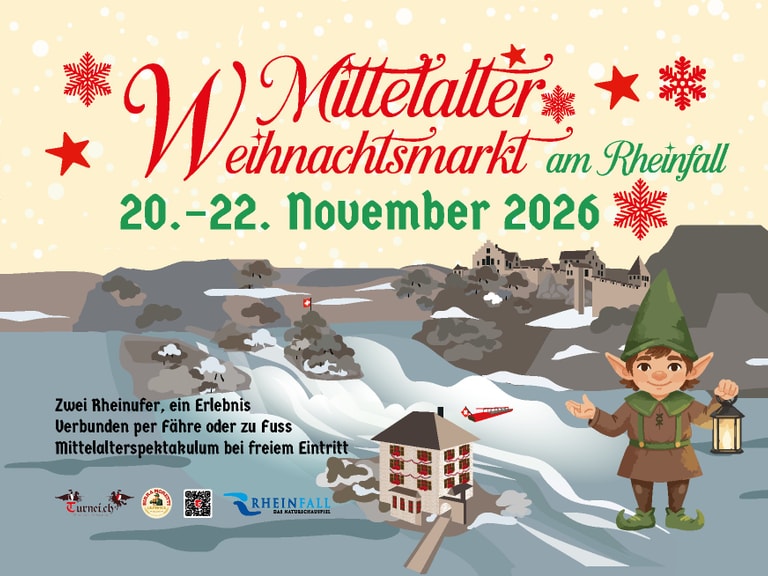 Illustration eines mittelalterlichen Weihnachtsmarktes mit Schloss und Person in grüner Kleidung.