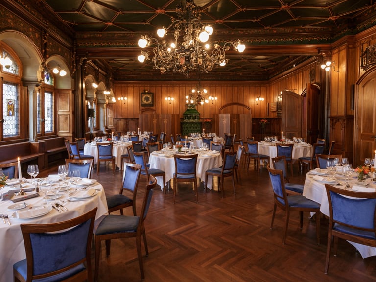 Elegantes Restaurant mit gedeckten Tischen und Kronleuchtern.