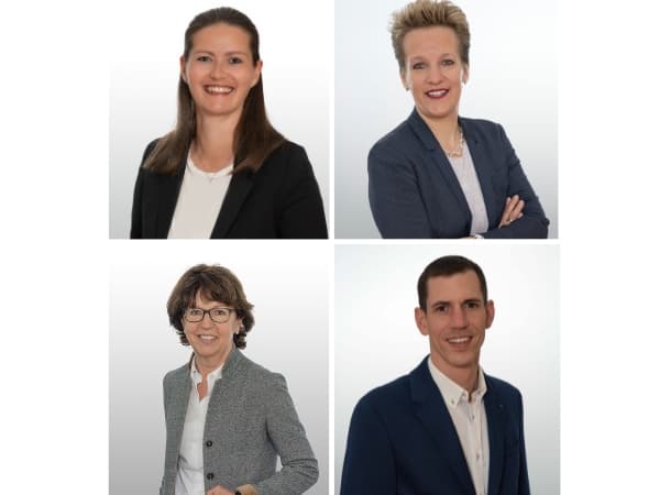 Collage von vier professionell gekleideten Personen vor weissem Hintergrund.