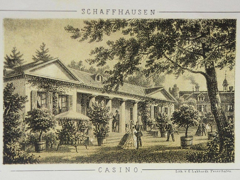 Historische Zeichnung des Casinos Schaffhausen mit Gartenszene und Menschen.