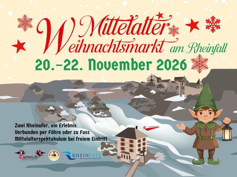 Illustration eines mittelalterlichen Weihnachtsmarktes mit Flusslandschaft und Burg.