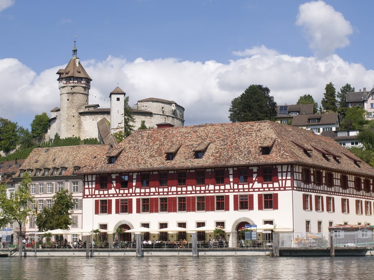 Der Güterhof am Fluss mit Burgturm im Hintergrund.