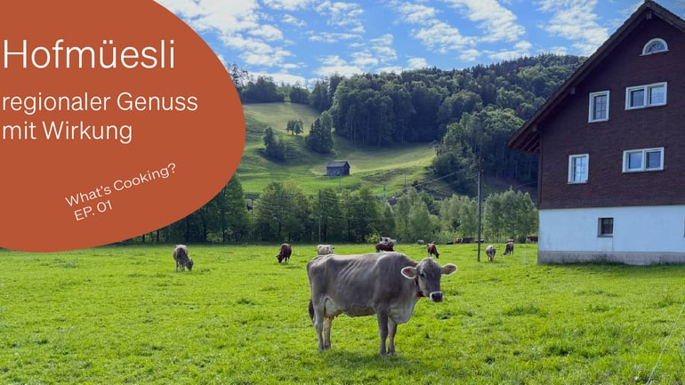 Kuh auf Wiese mit Hof im Hintergrund