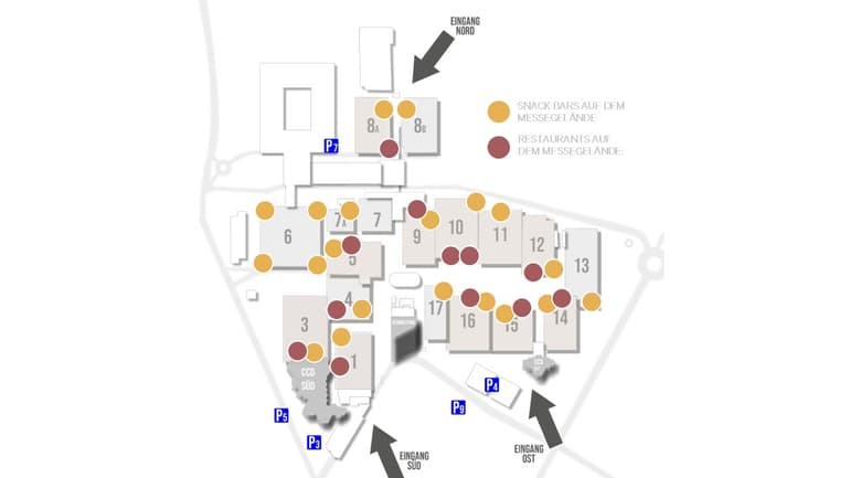 Übersichtsplan mit nummerierten Bereichen und Eingängen, Snack- und Restaurantmarkierungen.